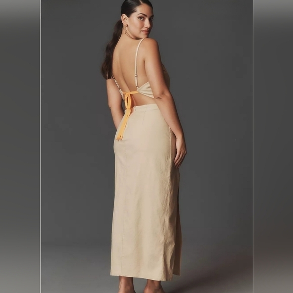 Anthropologie Ruched Slim Midi Dress with Tie Back in Khaki and Orange NWT - Picture 7 of 16